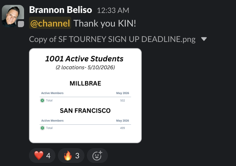 Slack message from Brannon Beliso — 1001 active students across two locations