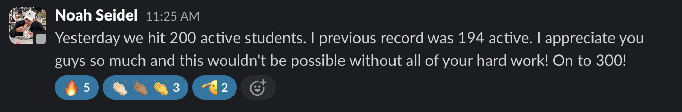 Slack message from Noah Seidel — 200 active students